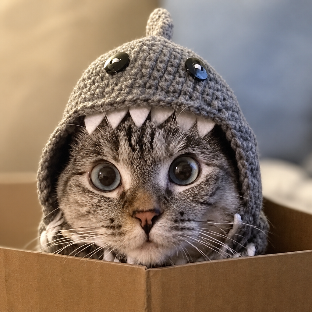 Nala in her shark hat peeking from a cardboard box