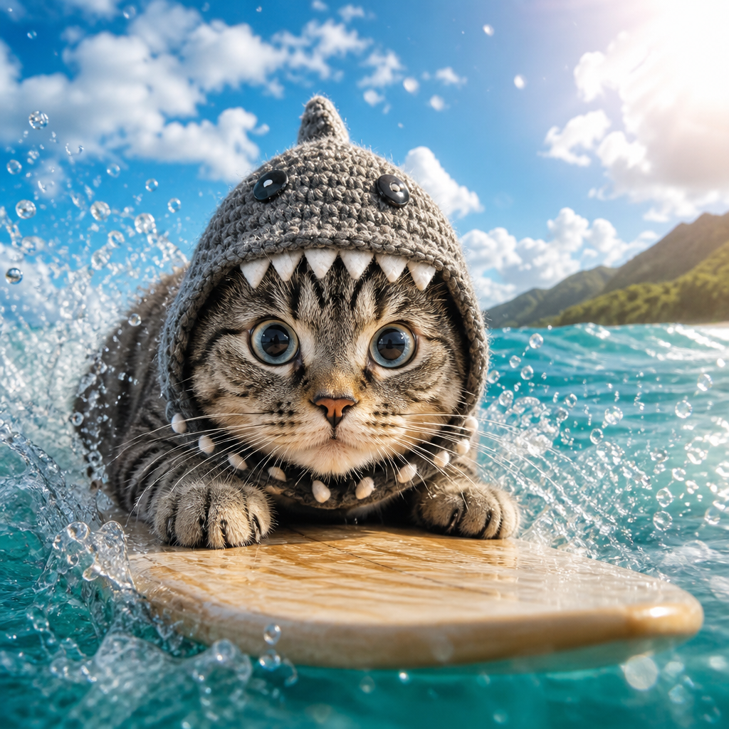 Nala surfing in her shark hat