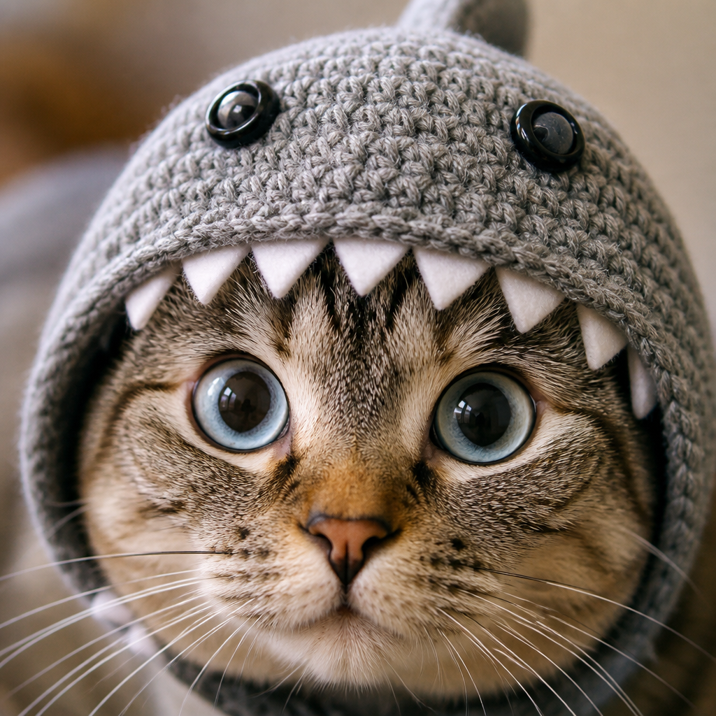 Close-up of Nala’s blue eyes in the shark hat