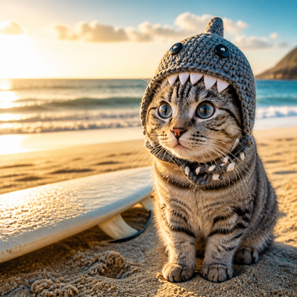 Nala on the sand beside a surfboard