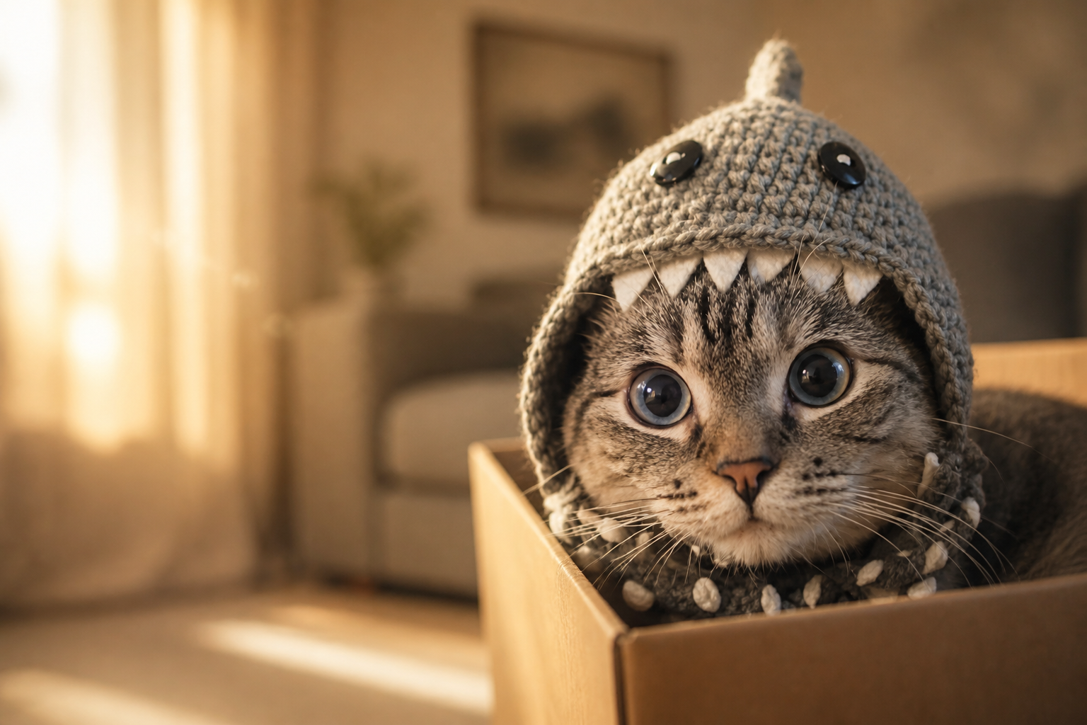 Nala in her shark hat, looking out from a cardboard box